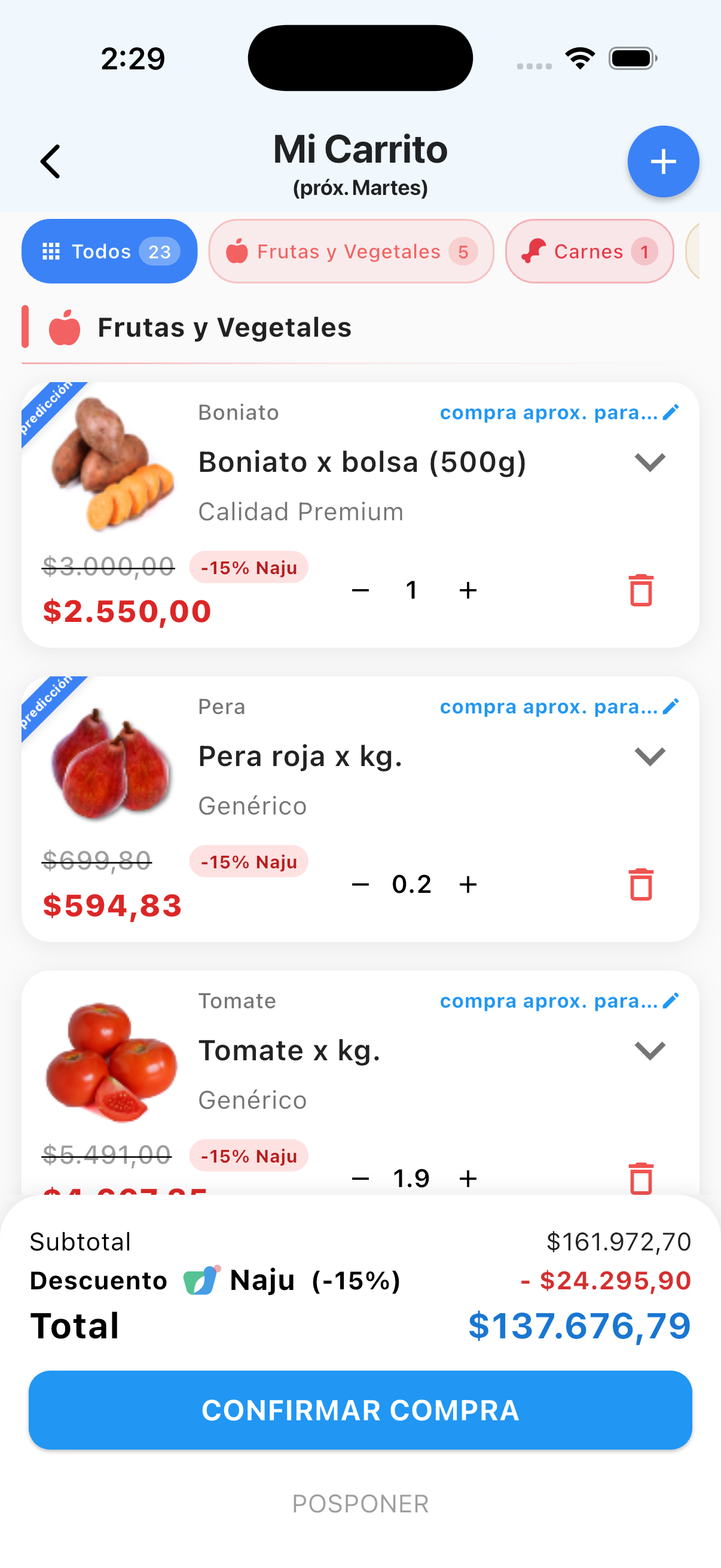 Pantalla del carrito con descuento Naju