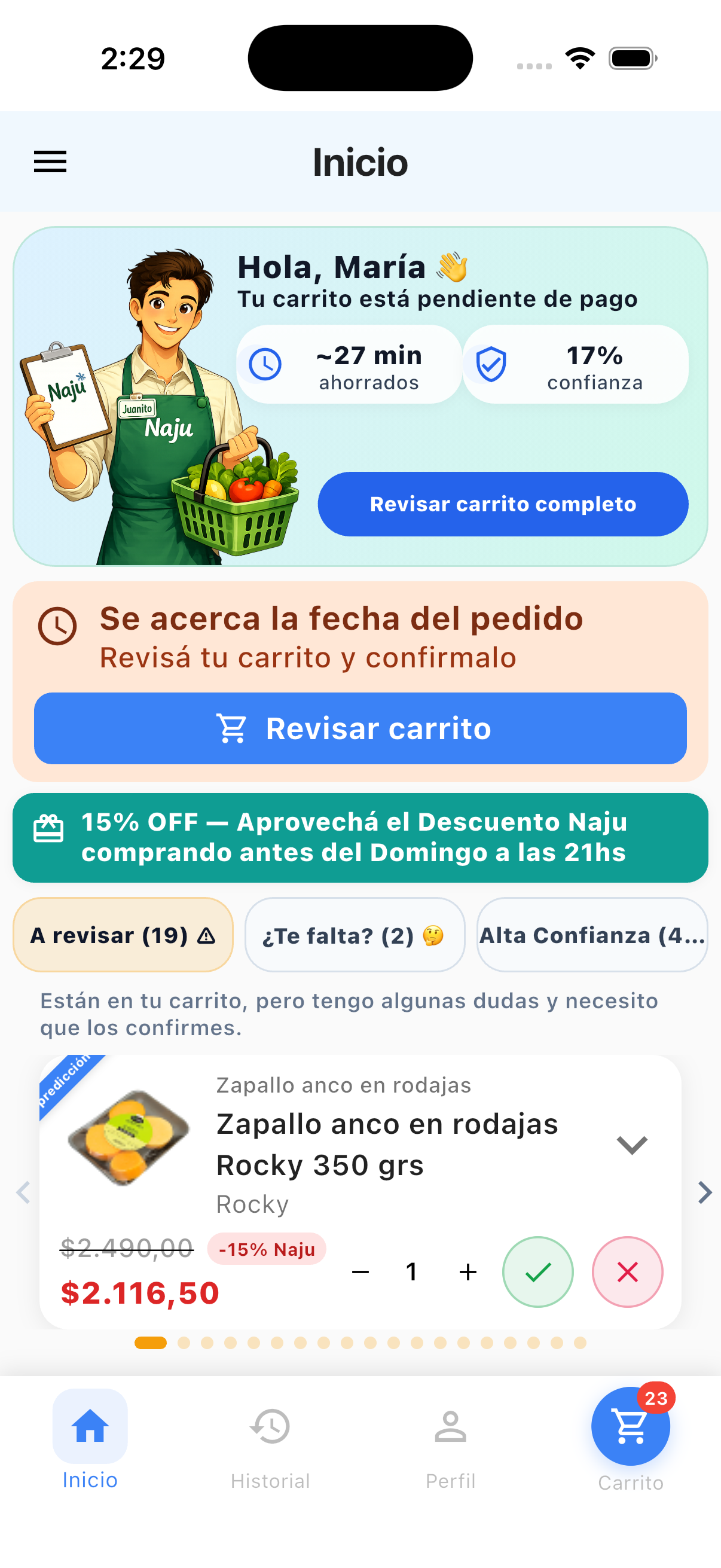 Pantalla de inicio con sugerencias predictivas