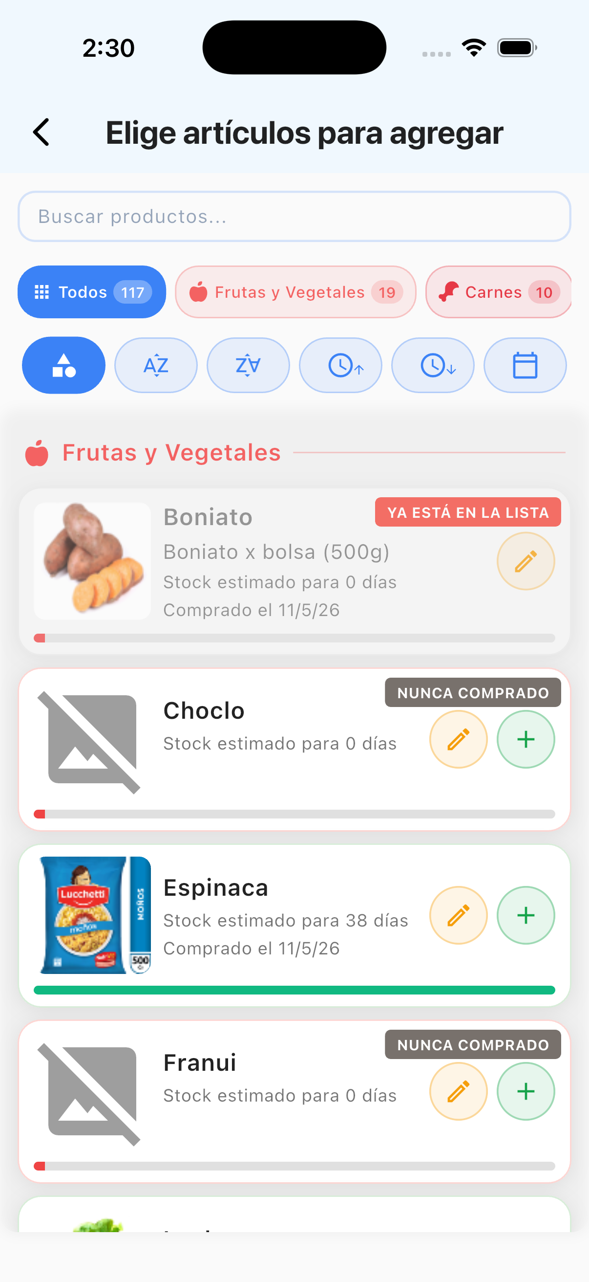 Pantalla de Naju con stock estimado por producto